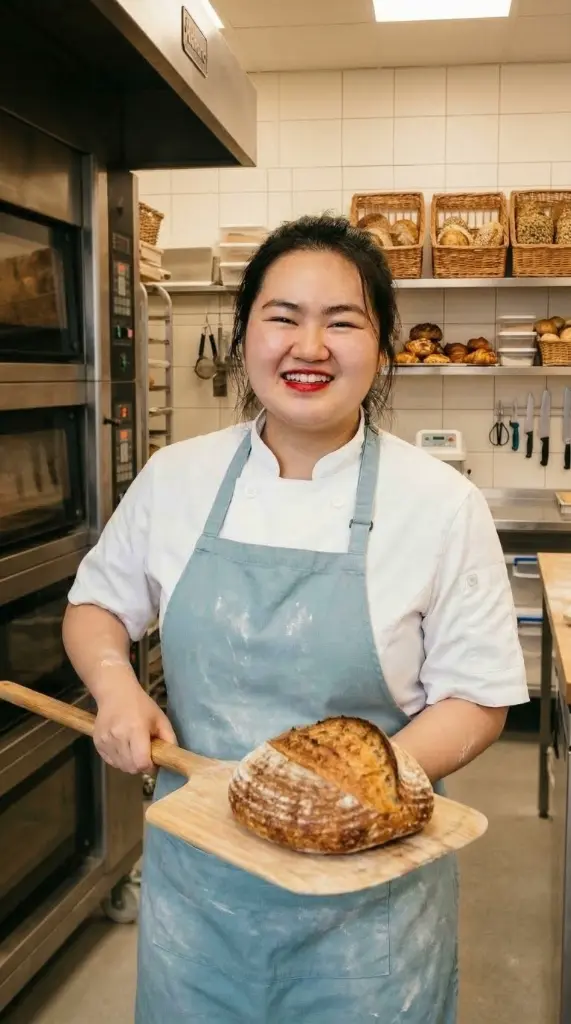 Nicole Liew holding a fresh sourdough loaf